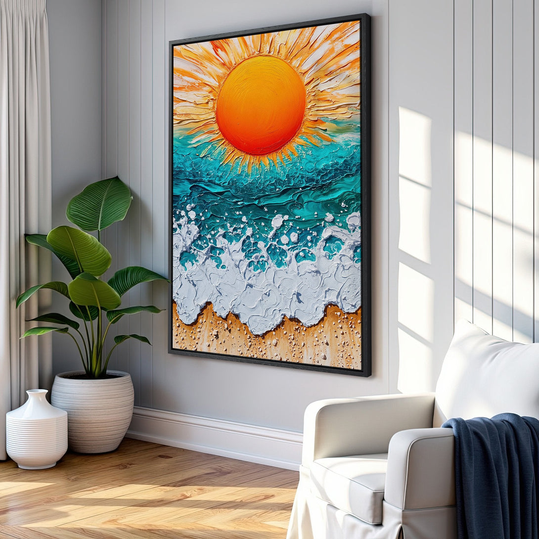 Framed Wall Art: Textured beach scene with vibrant sun, turquoise waves, and sand. Modern coastal art in orange, blue, and white. Perfect for living room decor.