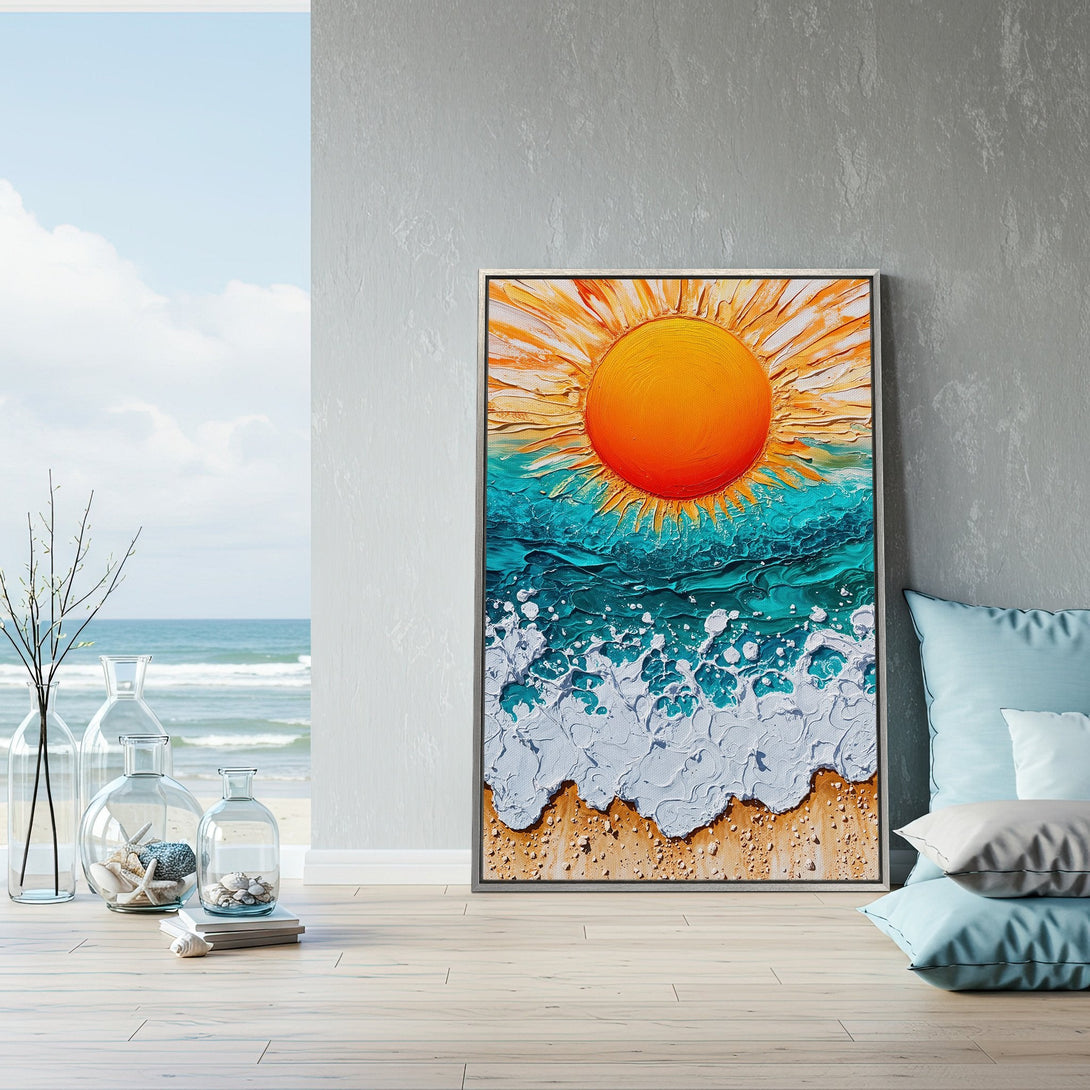 Framed Wall Art: Textured beach scene Canvas Print with vibrant orange sun, turquoise ocean, and sandy shore. Coastal decor in a modern interior.
