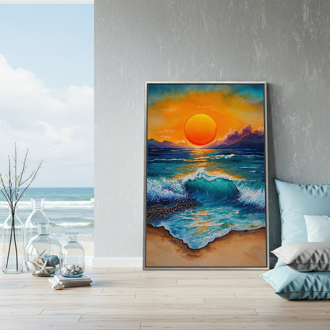Framed Wall Art: Sunset beach scene in vibrant orange, blue, and teal. Coastal art print for a calming interior.