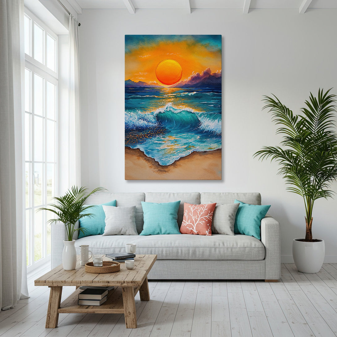 Framed Wall Art: Watercolor sunset beach scene in warm orange and teal hues. Coastal decor for a serene living room.