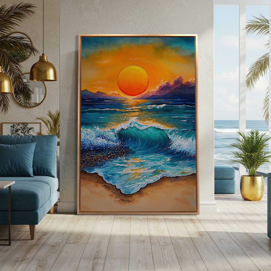 Framed Wall Art: Stunning sunset over ocean waves in vibrant orange, blue, and teal. Coastal art style, perfect for adding a touch of serenity to your home.