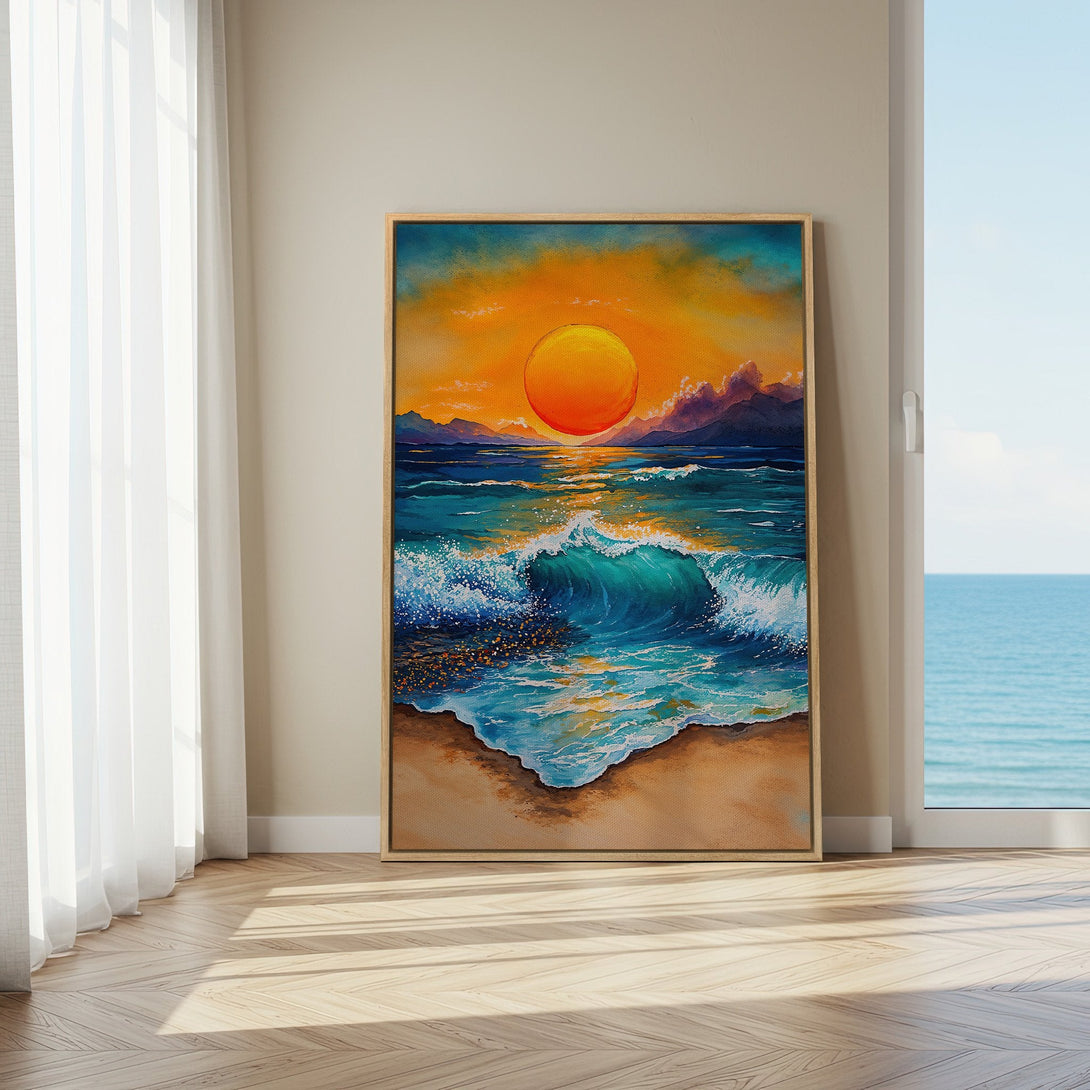 Framed Wall Art: Sunset ocean scene Canvas Print in warm tones. Coastal artwork with vibrant blues, oranges, and yellows. Perfect for adding a touch of serenity.
