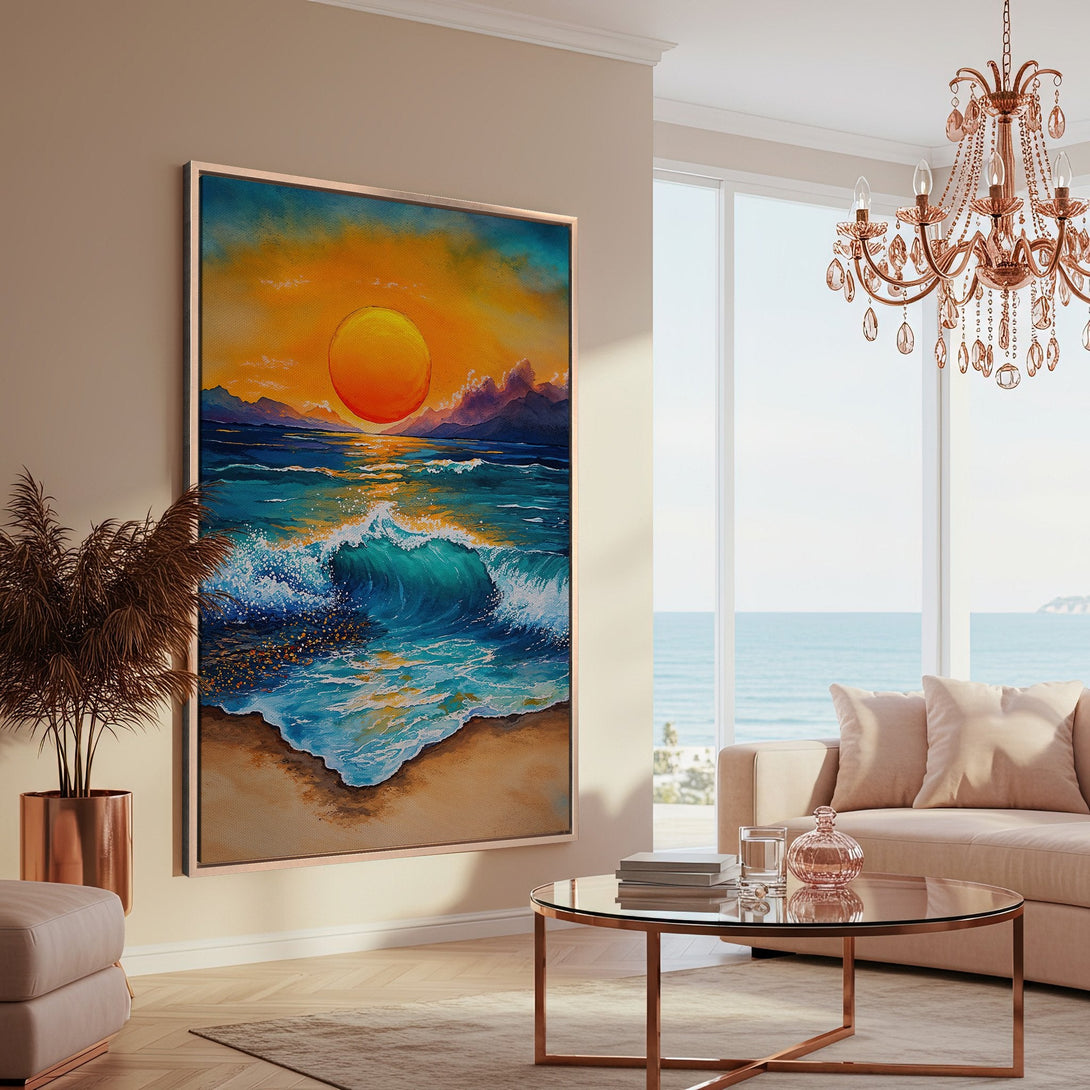Framed Wall Art featuring a vibrant ocean sunset. Coastal-inspired artwork with a warm color palette of orange, blue, and gold, perfect for living room decor.