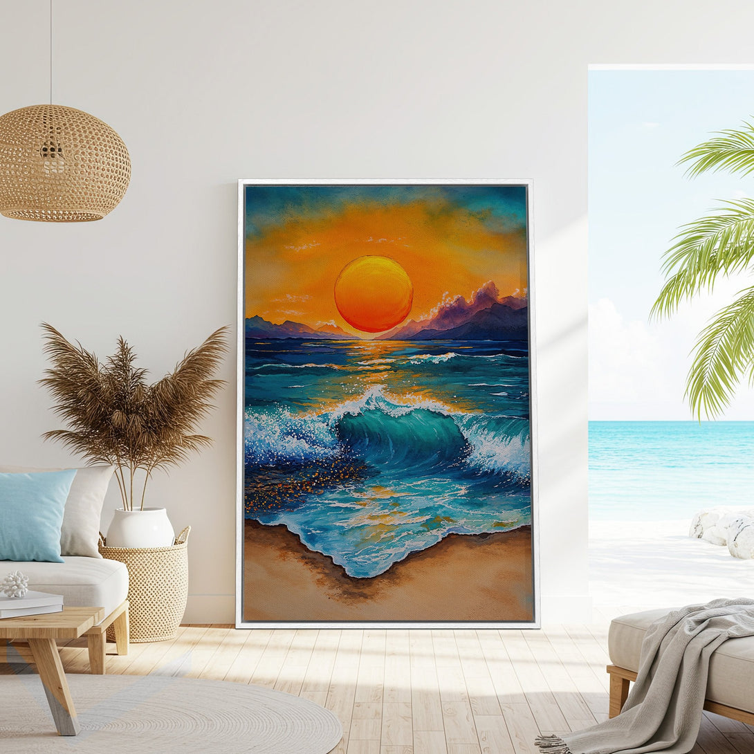Framed Wall Art: Watercolor sunset over ocean waves in vibrant blue, orange, and teal. Coastal style Canvas Print adds a serene touch to any space.