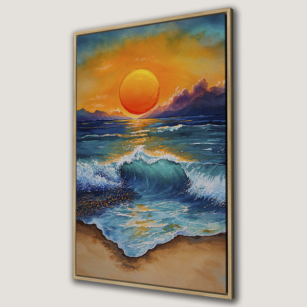Framed Wall Art: Sunset over ocean waves. Watercolor style painting with warm orange, blue, and teal color palette. Perfect coastal decor for your home.