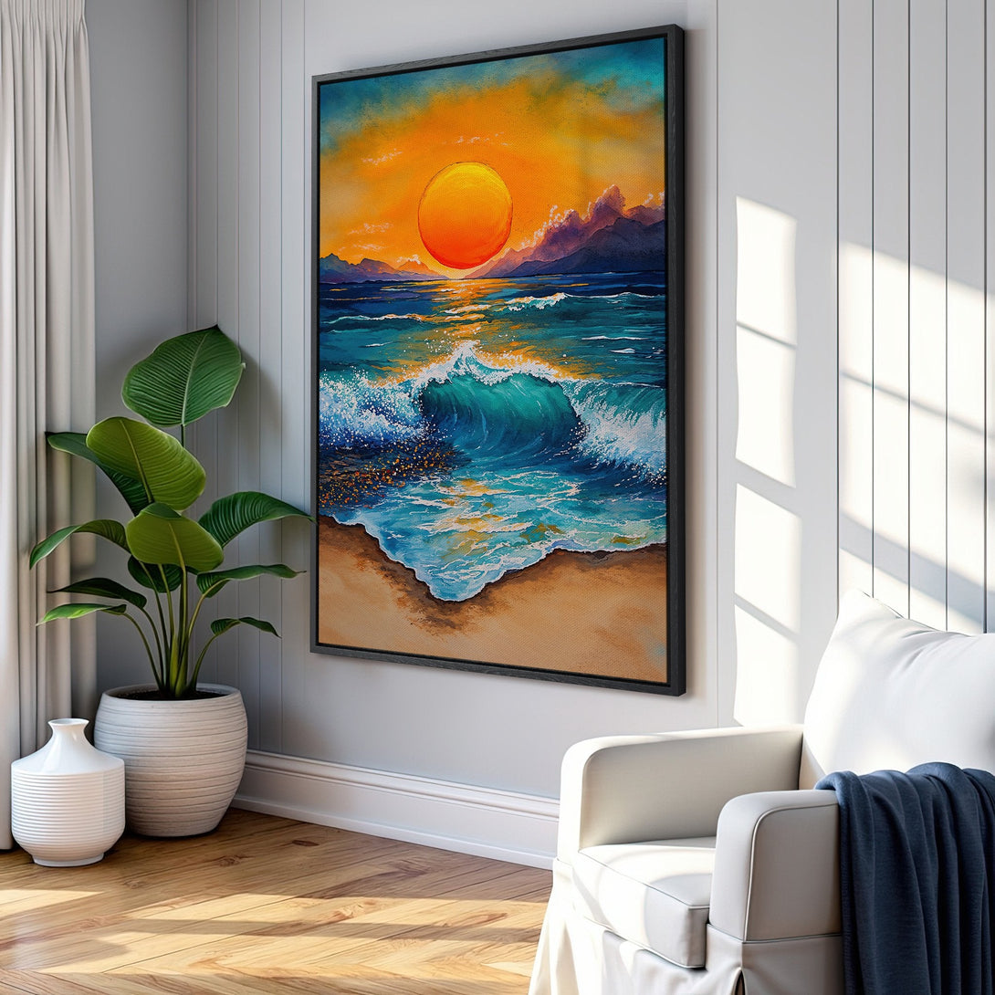 Framed Wall Art: Coastal sunset canvas print in vibrant orange, blue, and teal hues. Adds a touch of serenity and style to any interior space.