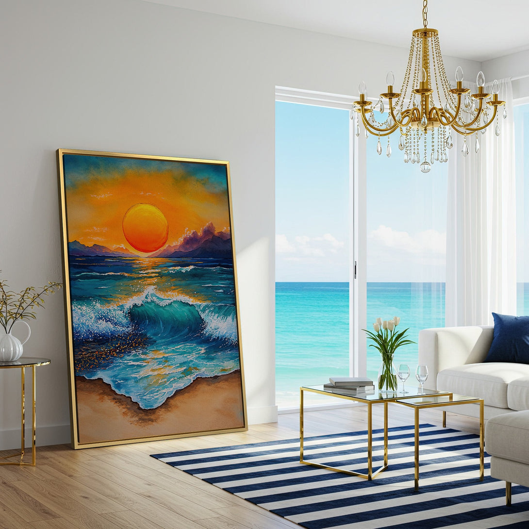 Canvas Print: Sunset over ocean waves, vibrant blues, oranges, and yellows. Coastal art for a relaxing living room.