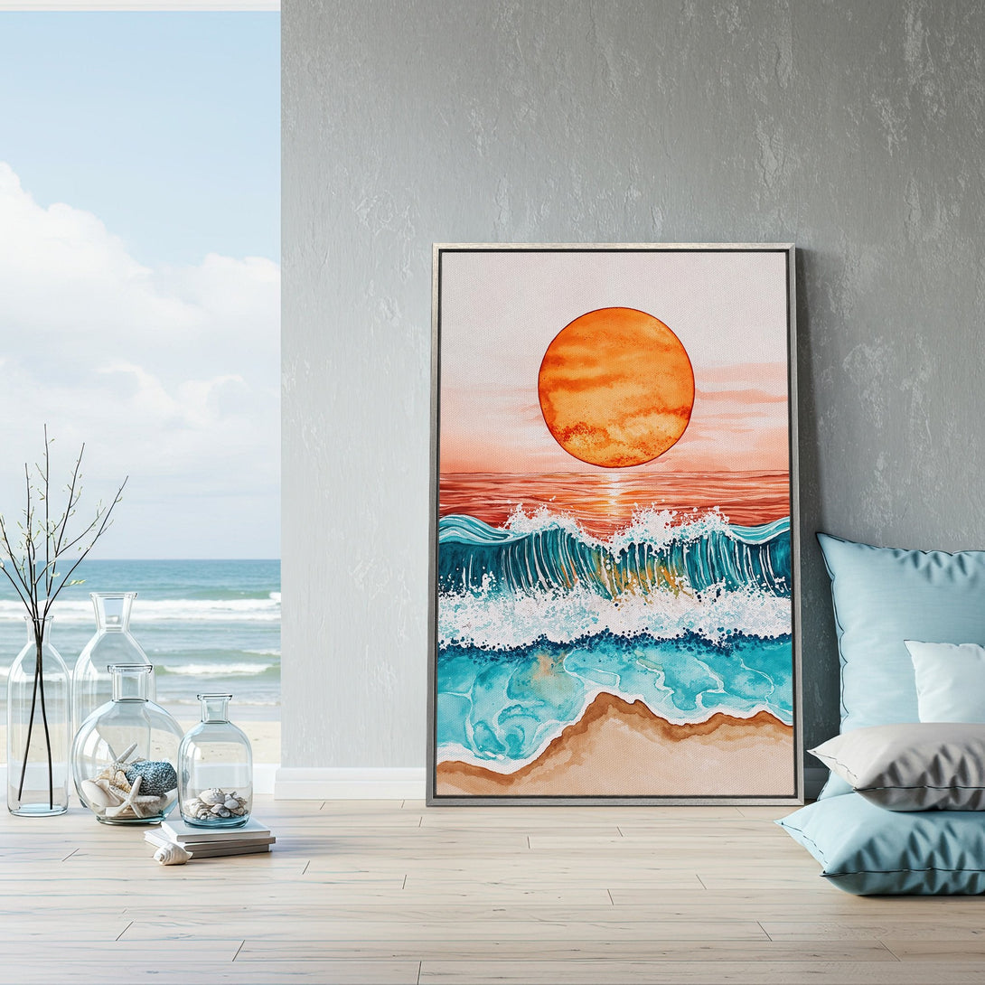 Framed Wall Art: Watercolor sunset over ocean waves in vibrant orange, teal, and beige. Coastal art for a serene, beachy vibe.