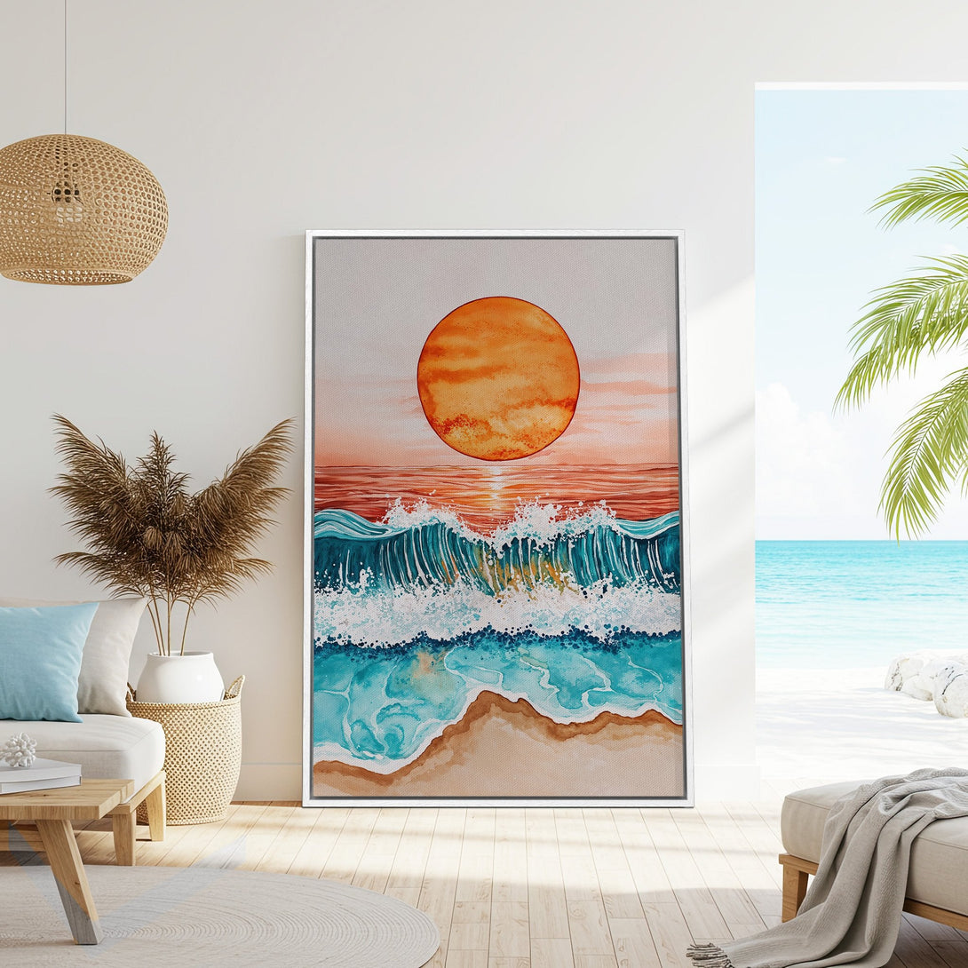 Framed Wall Art: Watercolor sunset and ocean waves in a coastal style, featuring a warm orange and teal color palette. Perfect for beach house decor!