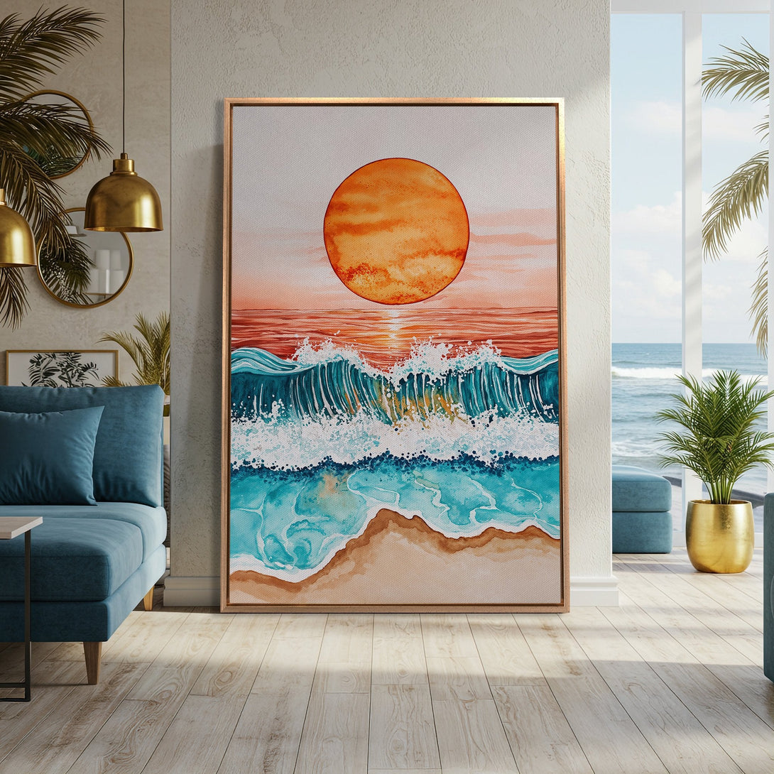 Framed Wall Art: Watercolor ocean sunset canvas print in warm orange, teal, and sandy tones. Coastal decor for a serene living room.