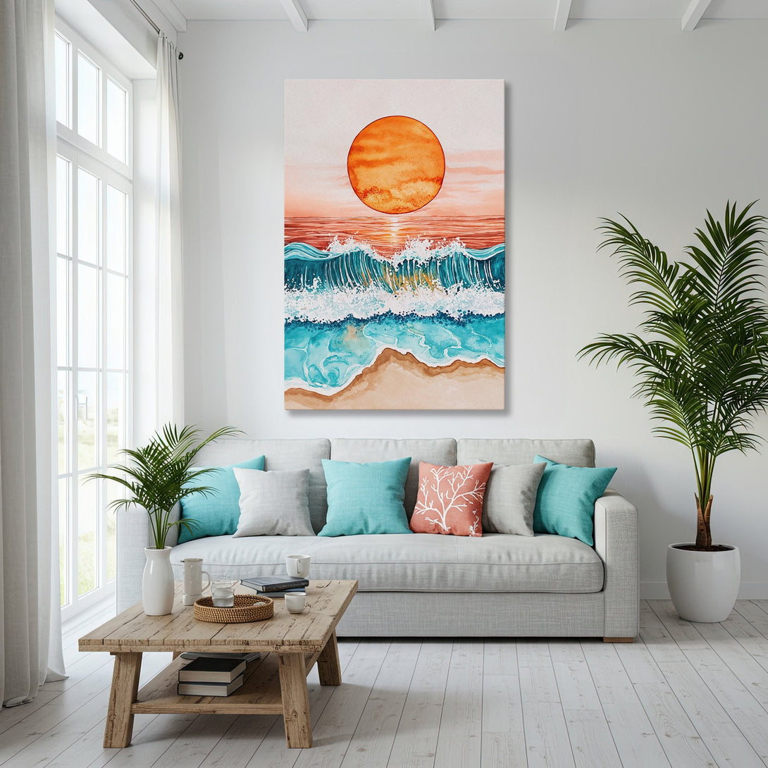 Framed Wall Art: Coastal sunset canvas print with ocean waves in a modern interior. Features warm orange, teal, and beige tones.