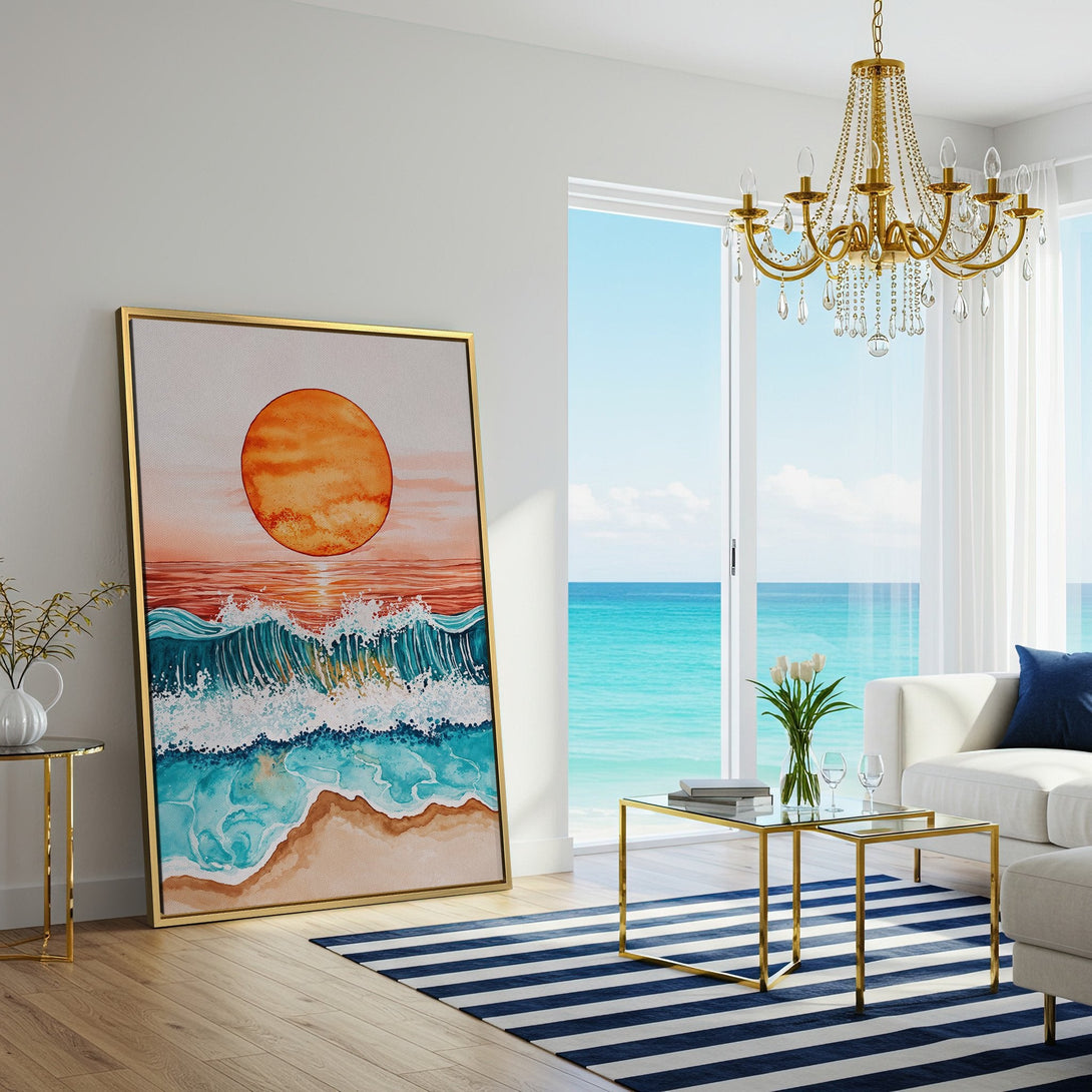 Canvas Print of a watercolor sunset over ocean waves in a coastal style, featuring a warm orange and teal color palette.