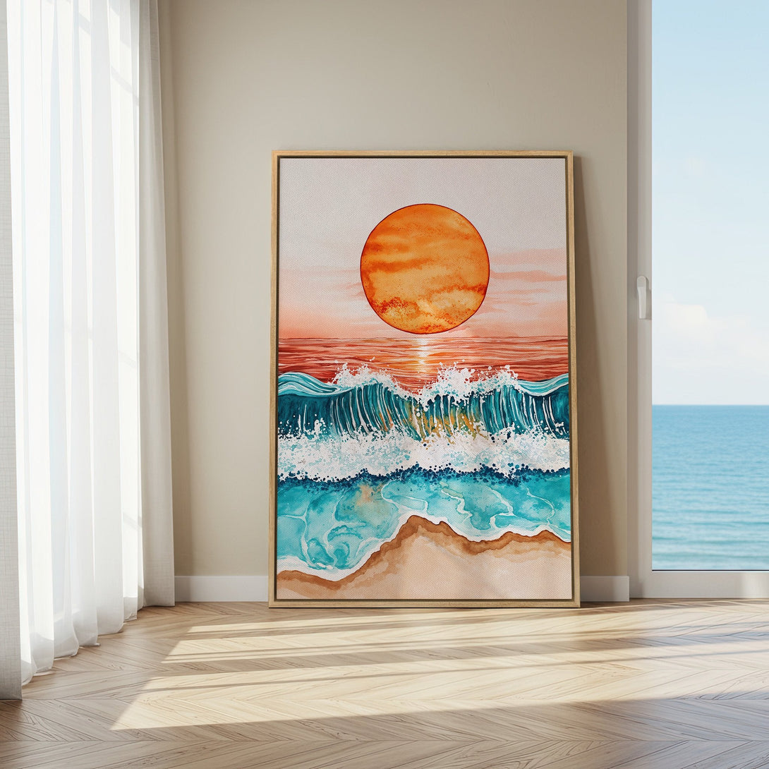 Framed Wall Art: Watercolor sunset beach scene with orange, teal, and beige tones. Coastal decor for a serene living space.