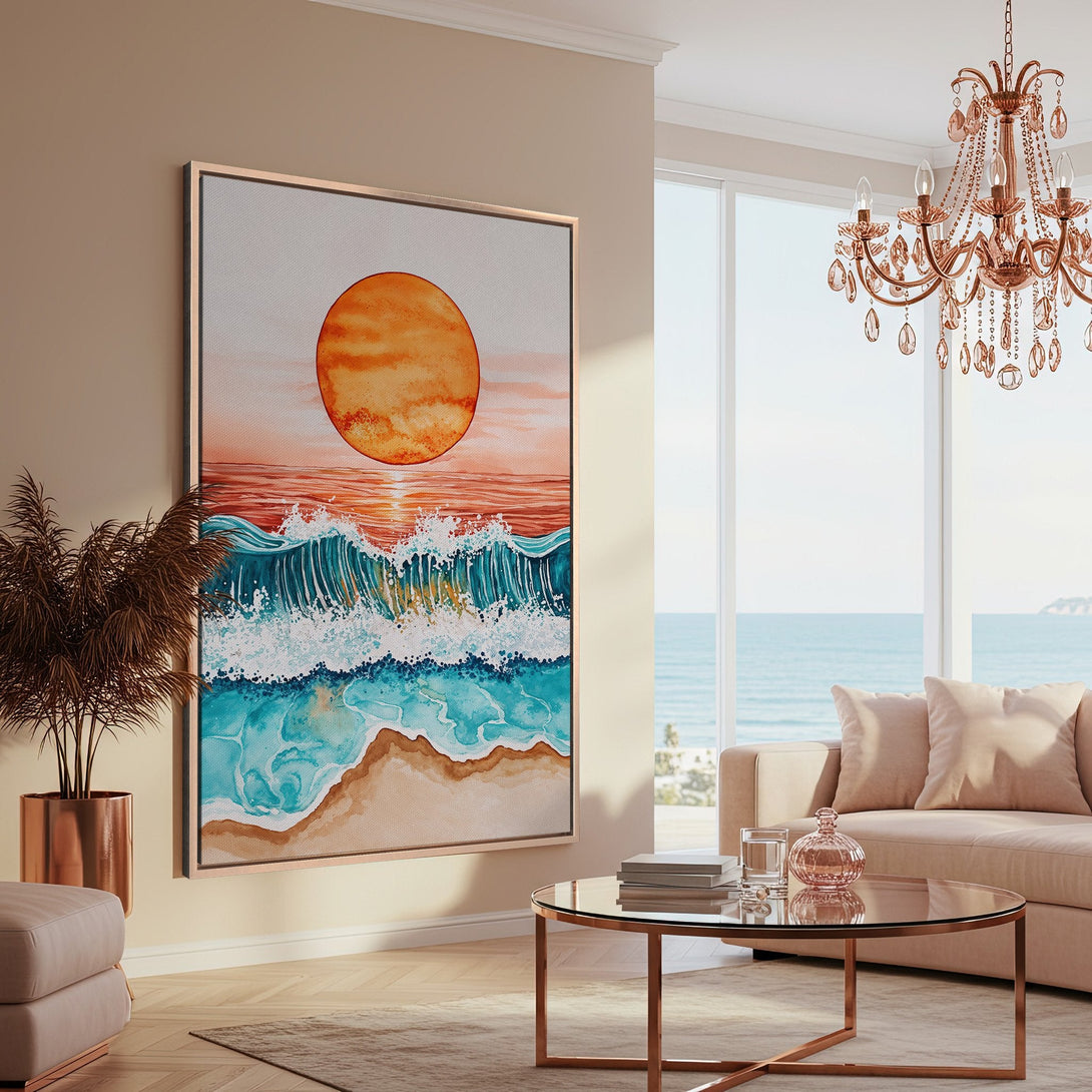 Framed Wall Art: Watercolor ocean sunset canvas print. Coastal art in warm, inviting colors. Modern home decor for a serene living space.