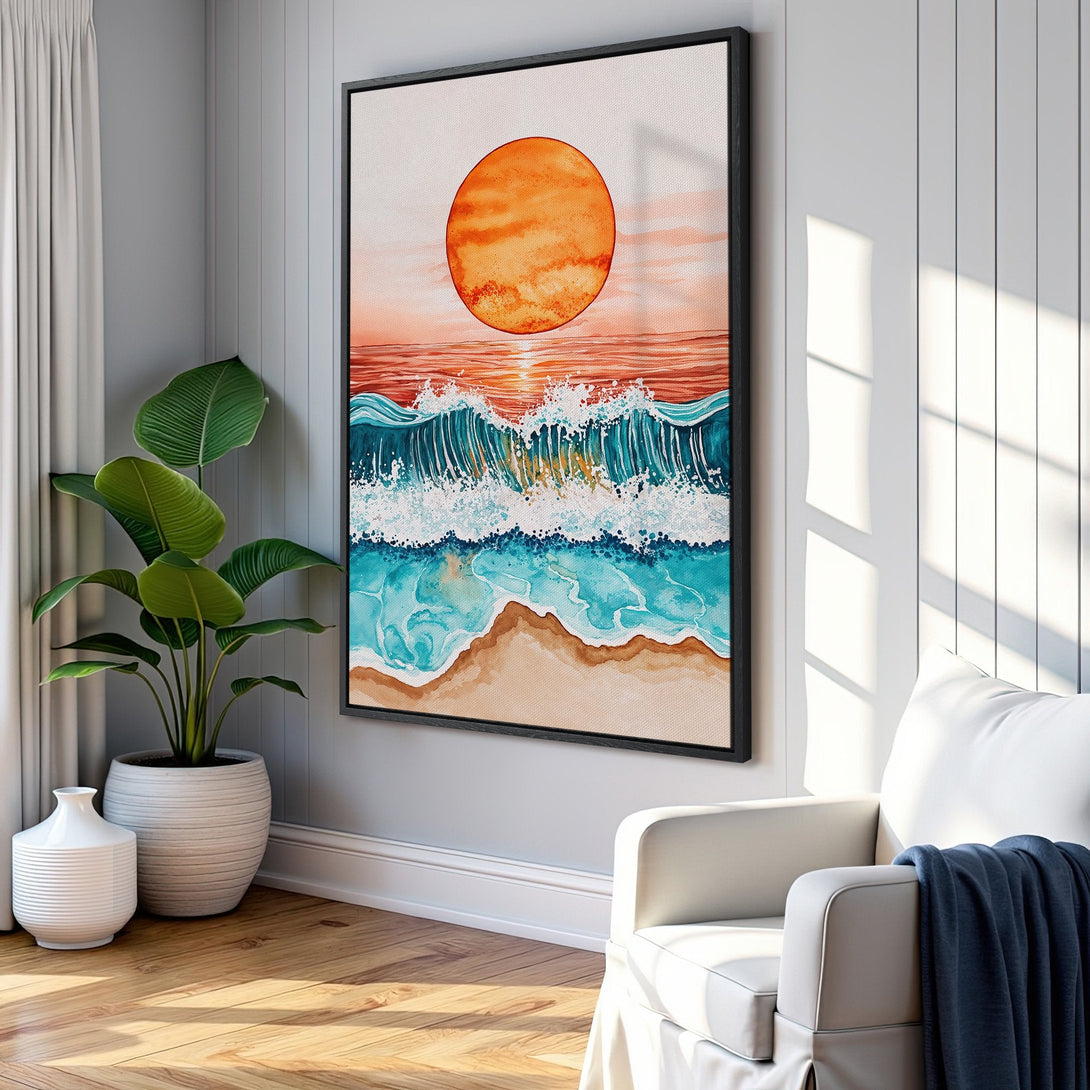 Framed Wall Art: Watercolor sunset over ocean waves. Coastal decor with warm orange, blue, and sand tones. Add a touch of serenity to your space!