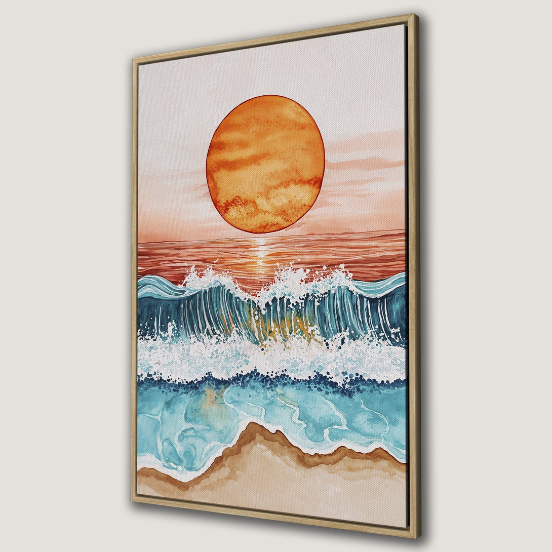 Framed Wall Art featuring a watercolor sunset over ocean waves. Earthy tones of orange, blue, and brown create a calming coastal vibe. Perfect for any space!