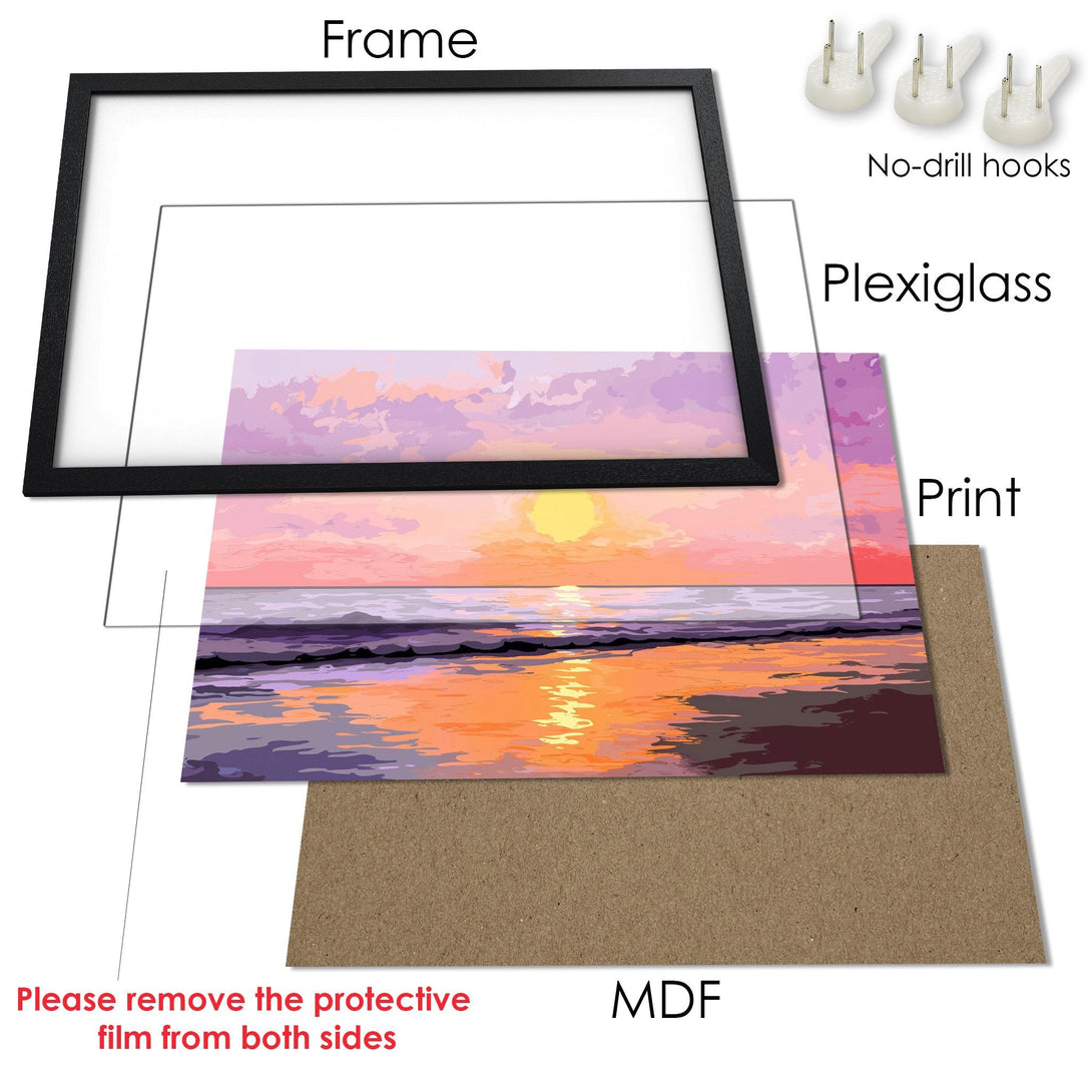 Framed Poster of a sunset over the ocean, featuring a vibrant orange and purple color palette. Perfect wall art for any room!