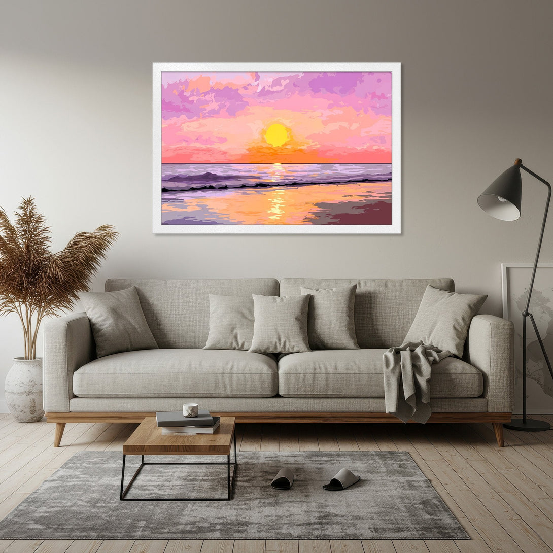 Framed Poster: Sunset beach art print in vibrant pinks and oranges. Perfect wall decor for a calming, stylish home.