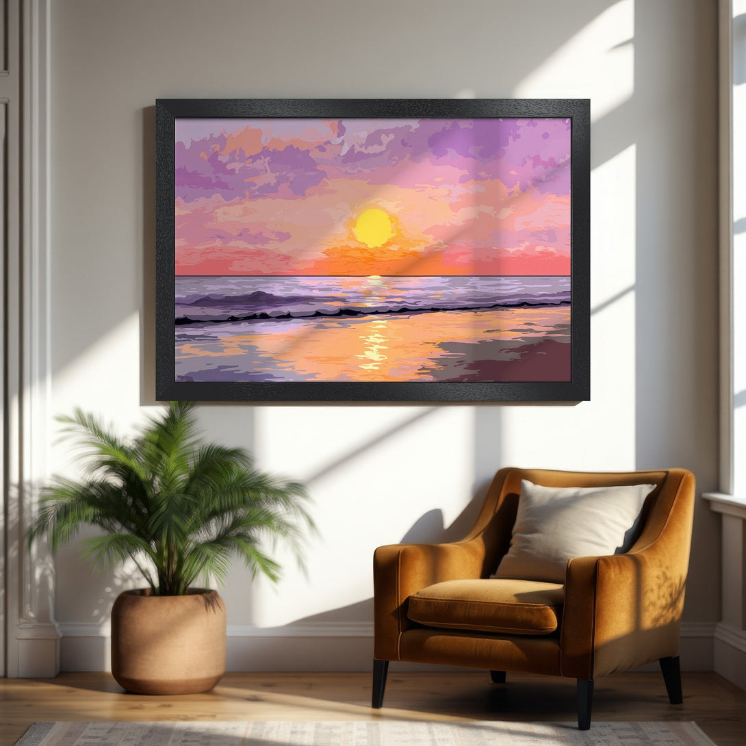 Framed Poster: Sunset beach art print in warm orange, yellow, and purple tones. Modern decor for living room or bedroom.