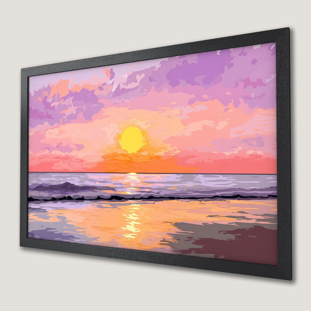 Framed Poster of a sunset over the ocean. Vibrant, colorful art print in a modern style. Perfect home decor!