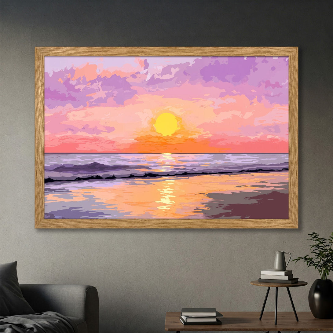 Framed Poster of a sunset over the ocean, in a vibrant, illustrative style with a warm pink and purple color palette. Perfect wall art!