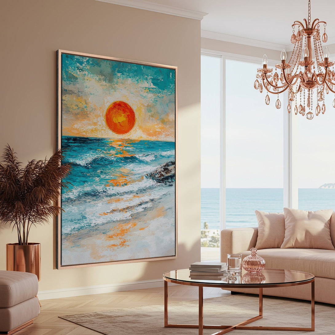 Framed Wall Art: Abstract ocean sunset Canvas Print in turquoise, orange, and white. Modern art for coastal decor, displayed in a stylish living room.