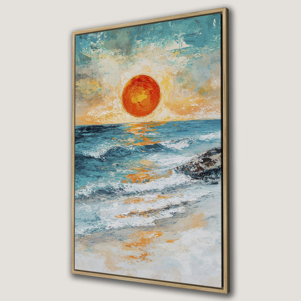 Framed Wall Art Canvas Print of a sunset over the ocean. Abstract style with blue, orange, and yellow color palette. Bring coastal vibes to your home!