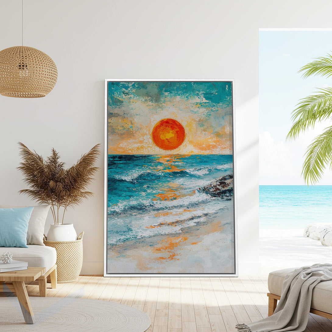 Framed Wall Art: Abstract sunset over ocean in teal, orange, and white. Coastal style canvas print adds a serene touch to any interior.