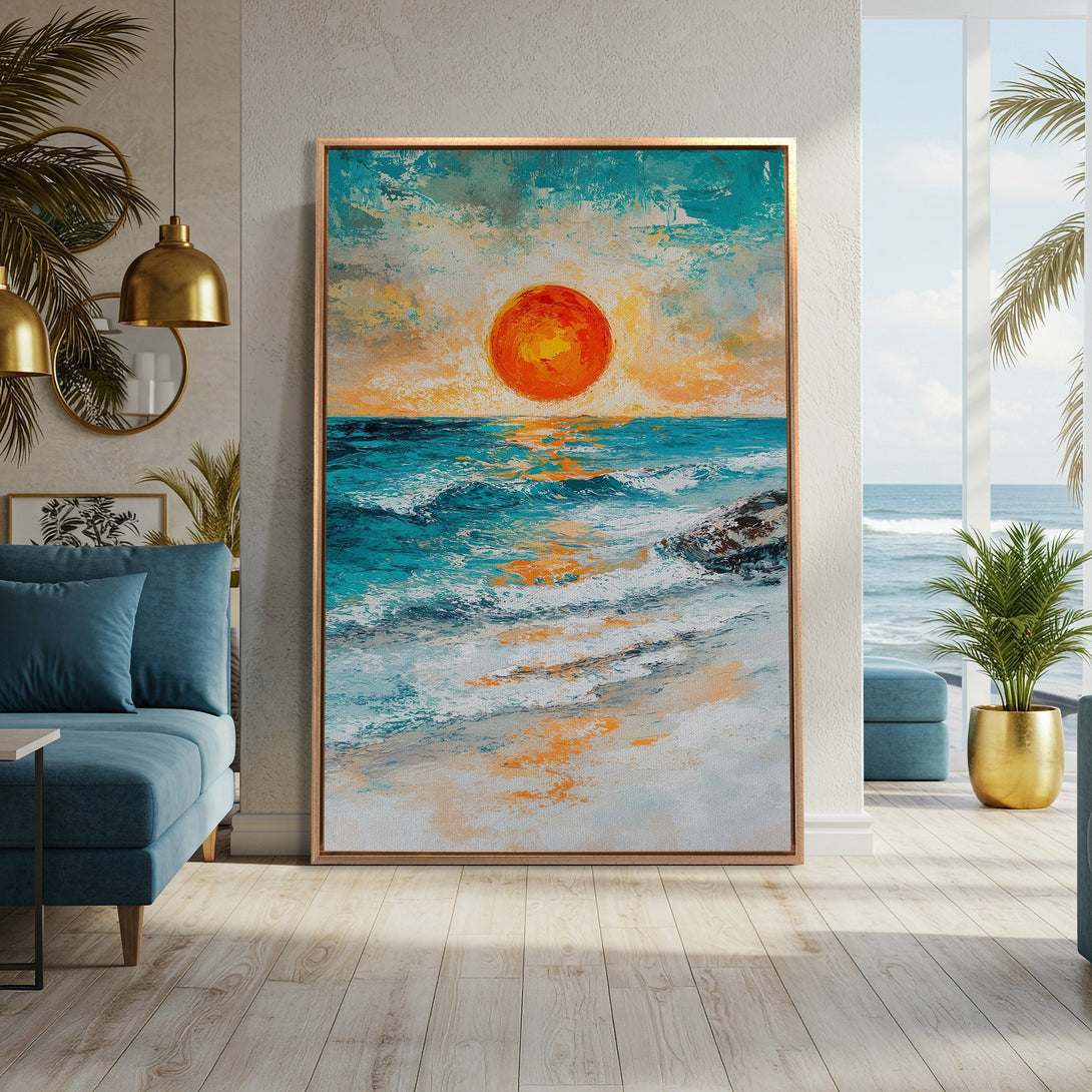 Framed Wall Art featuring a vibrant sunset over the ocean. Impressionistic style with a teal, orange, and white color palette. Perfect for coastal decor.