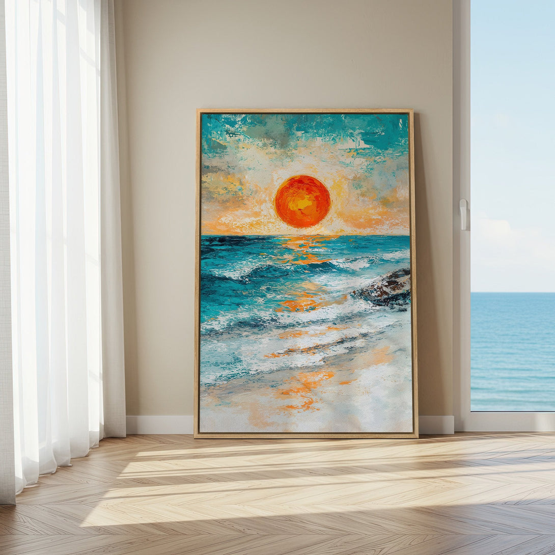 Framed Wall Art: Abstract sunset over ocean canvas print. Coastal art with vibrant teal, orange, and white palette. Perfect for living room decor.