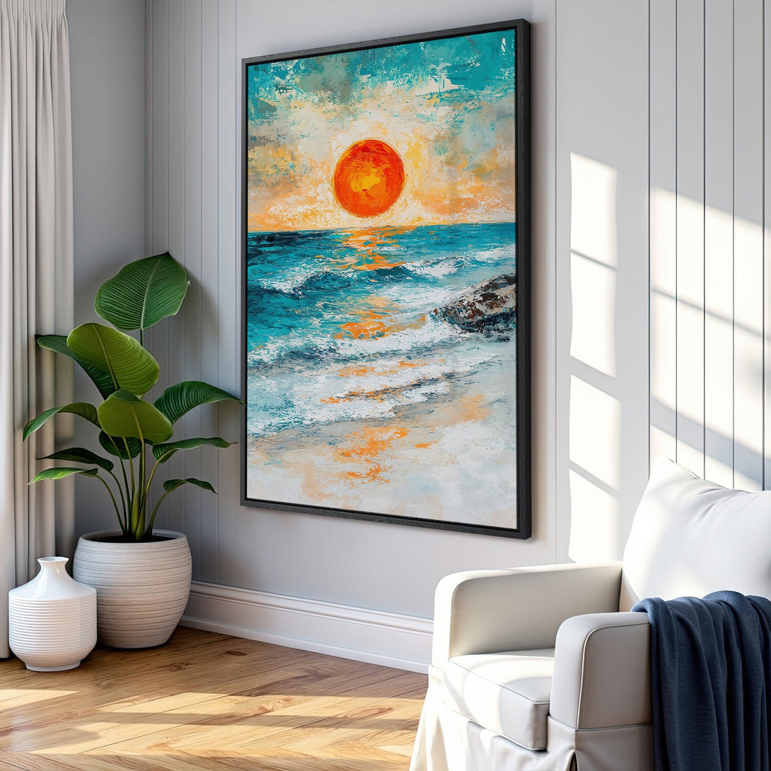 Framed Wall Art: Abstract sunset over ocean canvas print in vibrant teal, orange, and white. Perfect for coastal decor, adds a pop of color to any room.