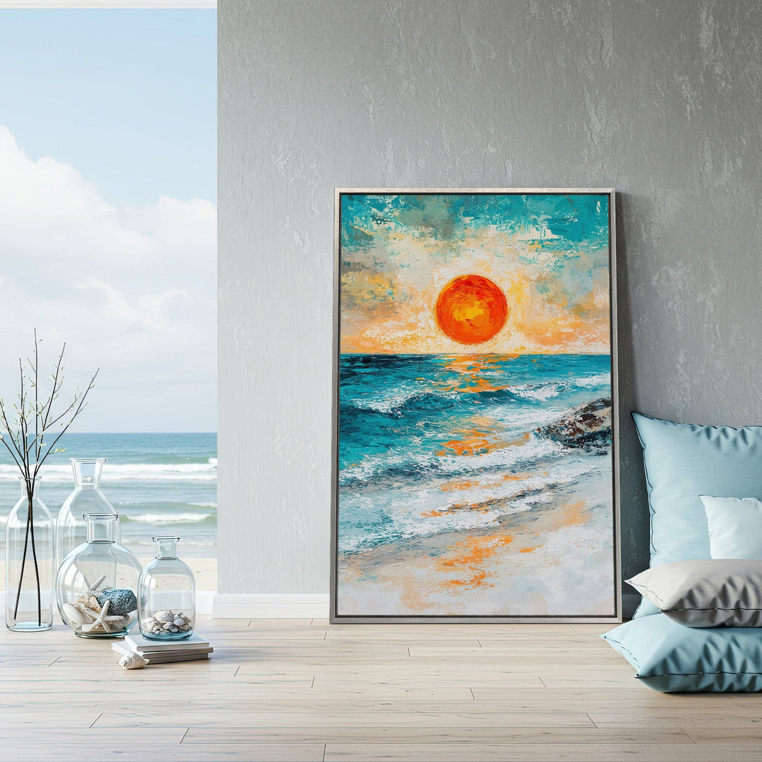 Framed Wall Art: Coastal sunset painting in vibrant teal and orange. Modern abstract style, perfect for adding a touch of serenity to your home decor.