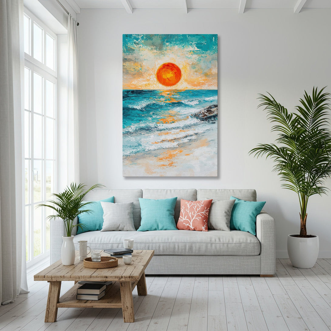 Framed Wall Art: Coastal sunset canvas print in a modern living room. Features vibrant teal, orange, and gold hues. Perfect for beach-themed decor.