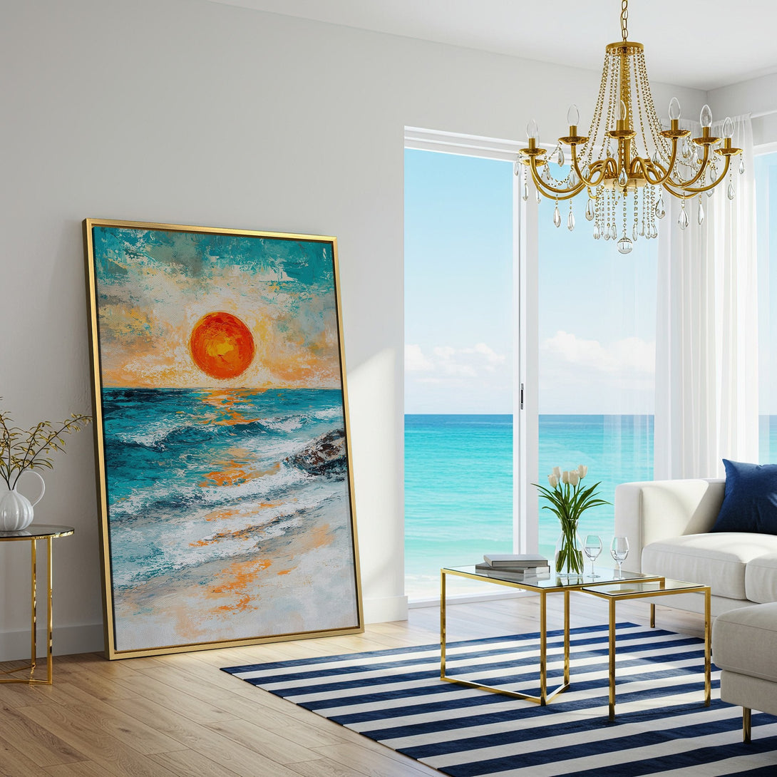 Canvas Print of a sunset over the ocean, featuring a vibrant teal and orange color palette, displayed in a modern living room.
