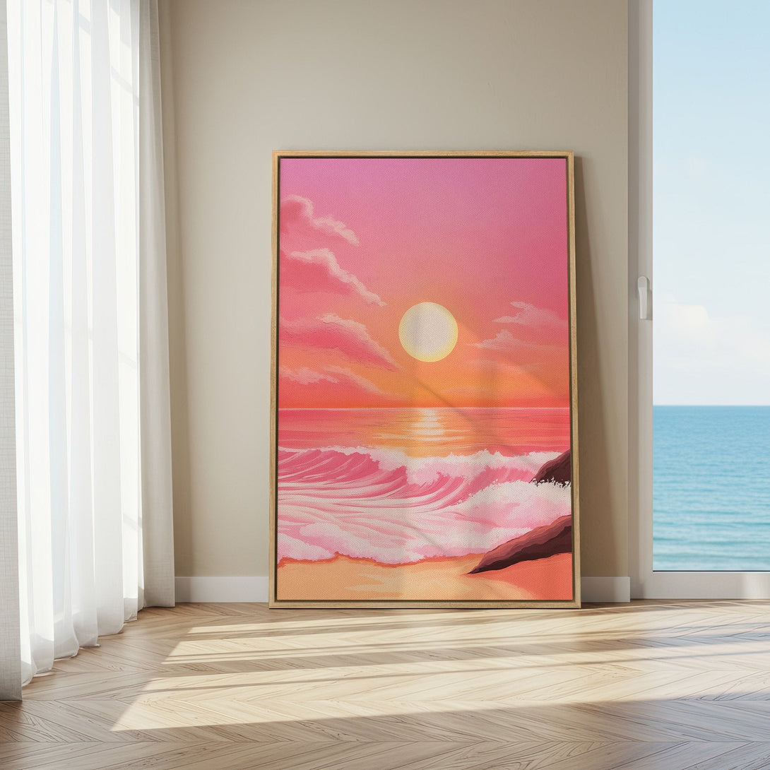 Framed Wall Art: Sunset beach scene in pink and orange hues. Coastal artwork for a calming aesthetic. Perfect for living room or bedroom decor.