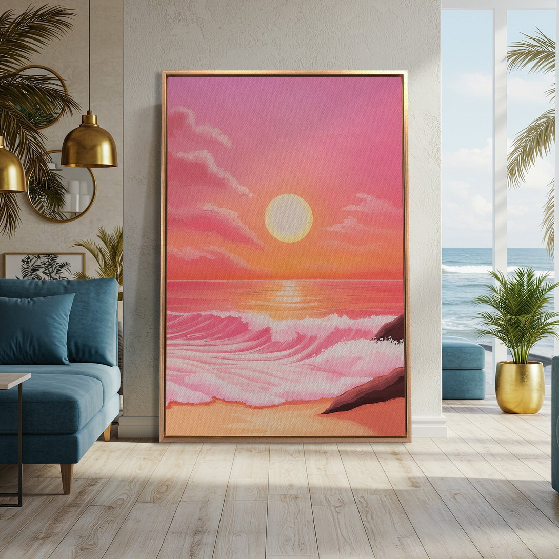 Framed Wall Art featuring a sunset beach scene in a vibrant pink and orange palette. Perfect for adding a touch of coastal charm to your home.