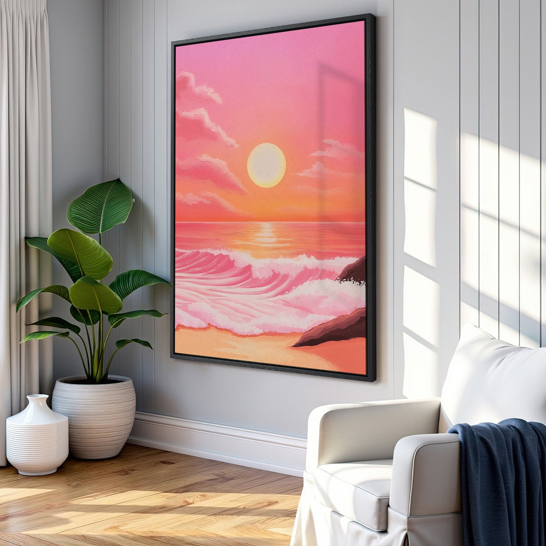 Framed Wall Art featuring a dreamy sunset over the ocean. Warm pink and orange hues create a calming, artistic vibe for your home.