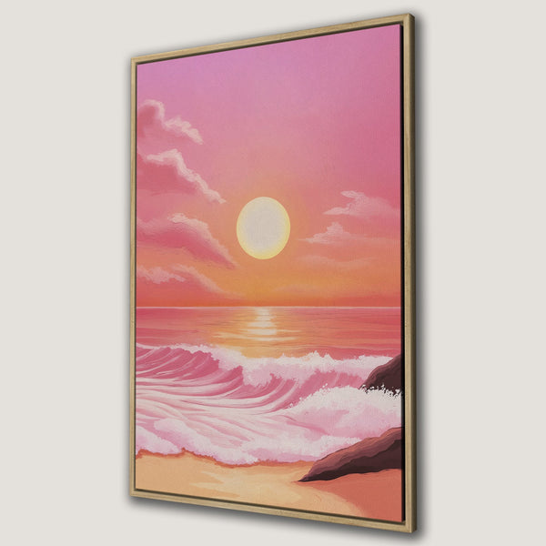 Canvas Print of a sunset beach scene in pink and orange hues. Coastal wall art perfect for adding a calming vibe to your home.
