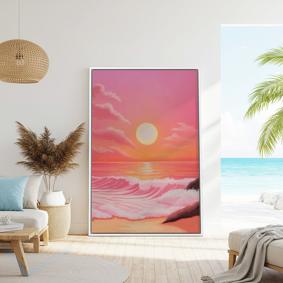 Framed Wall Art of a sunset beach scene in pink and orange hues. Coastal art print perfect for adding a pop of color and serenity to your home decor.