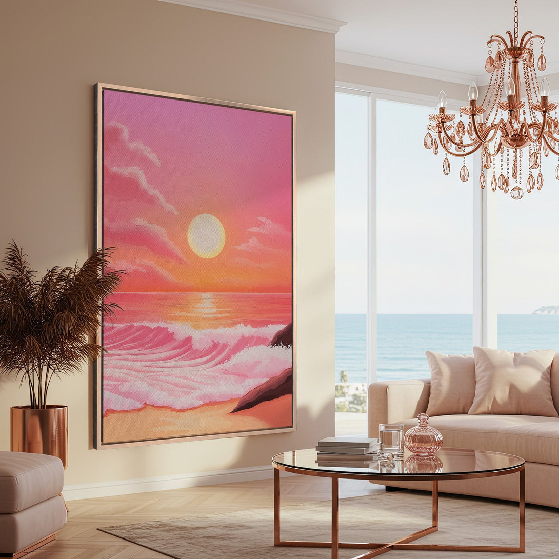 Framed Wall Art: Sunset beach scene in pink and orange hues. Modern canvas print adds a touch of coastal style to any living room.