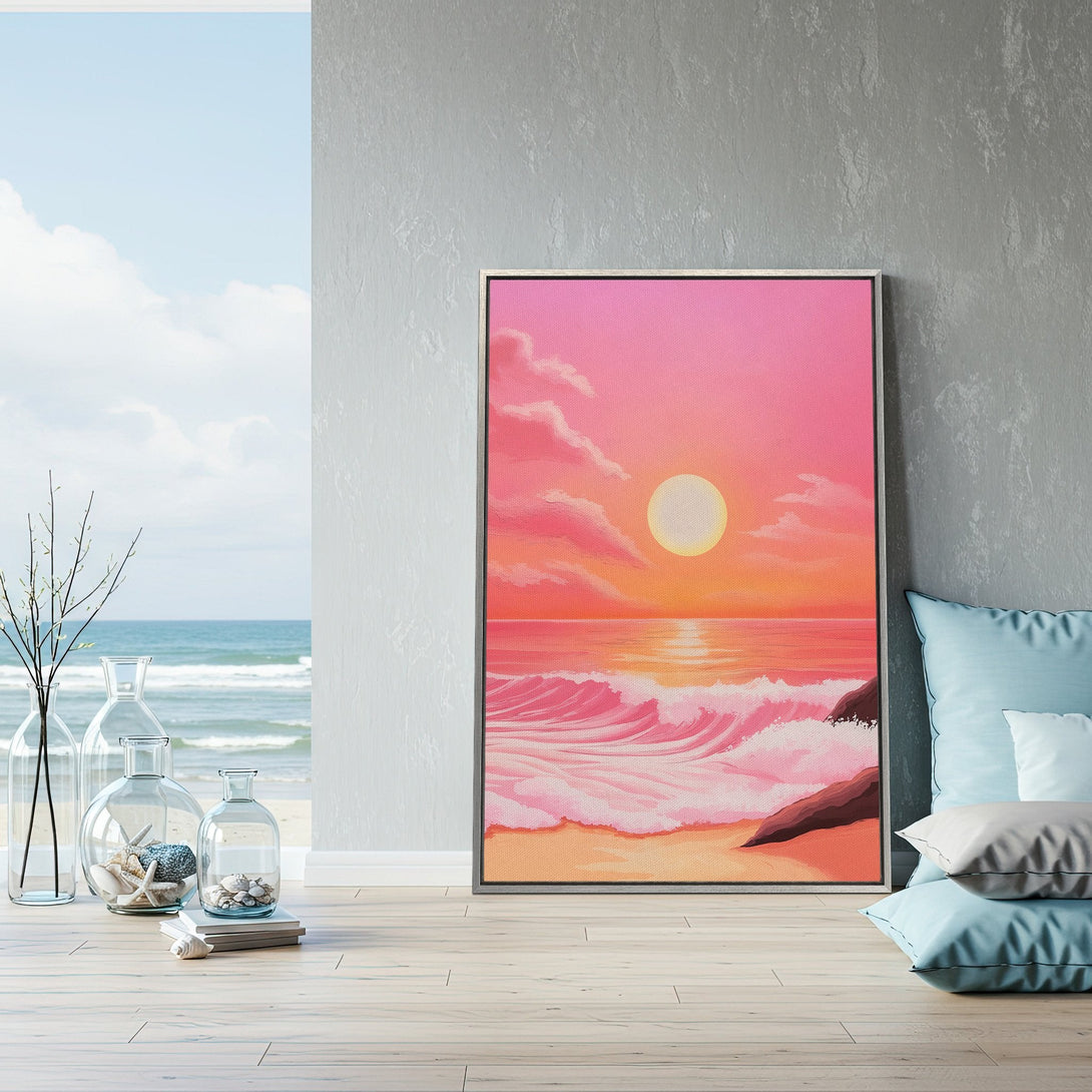 Framed Wall Art: Sunset beach scene with pink and orange hues. Coastal art for a relaxing vibe. Perfect for your living room or bedroom.
