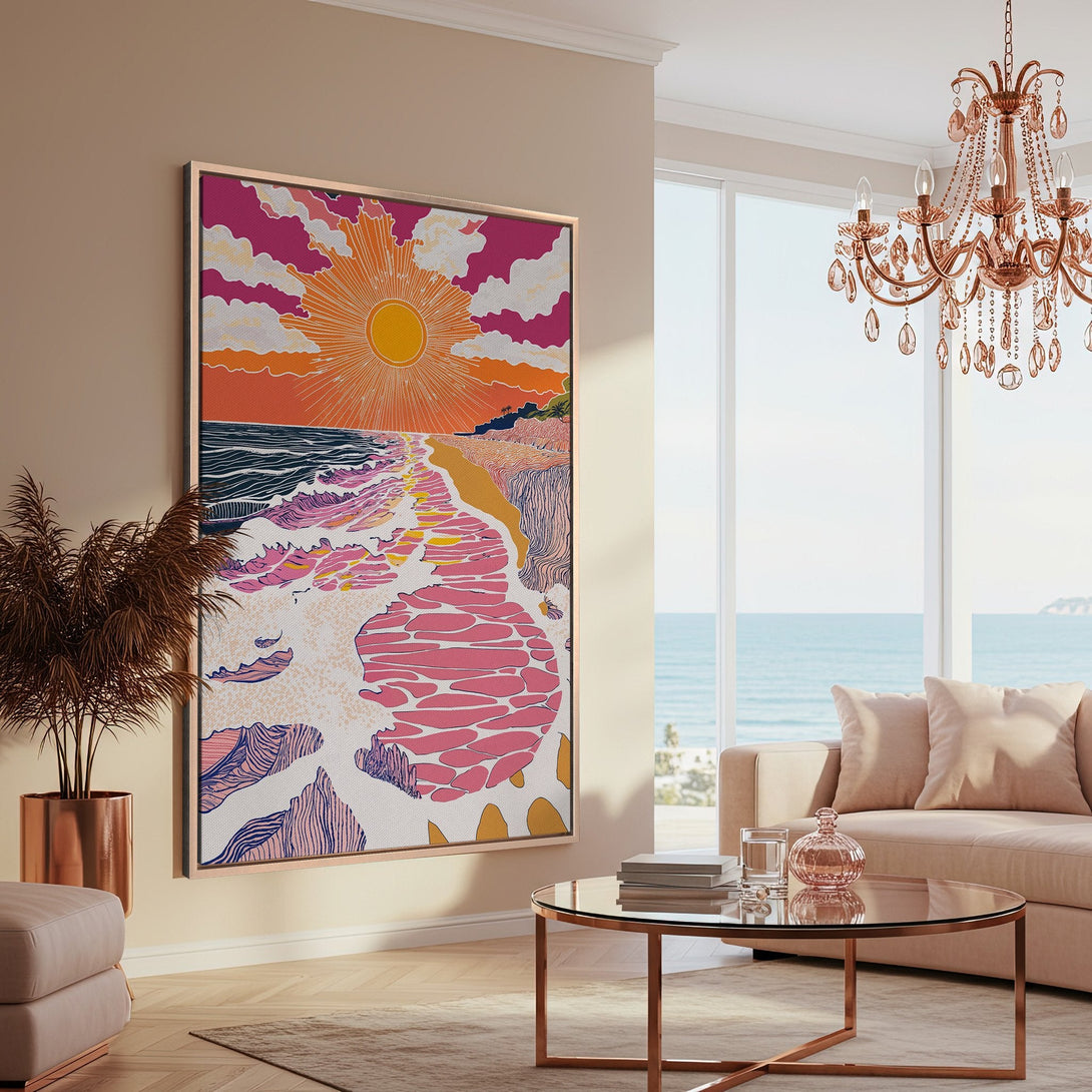 Framed Wall Art: Vibrant beach scene canvas print in a modern interior, featuring a retro style and a warm pink, orange, and blue color palette.