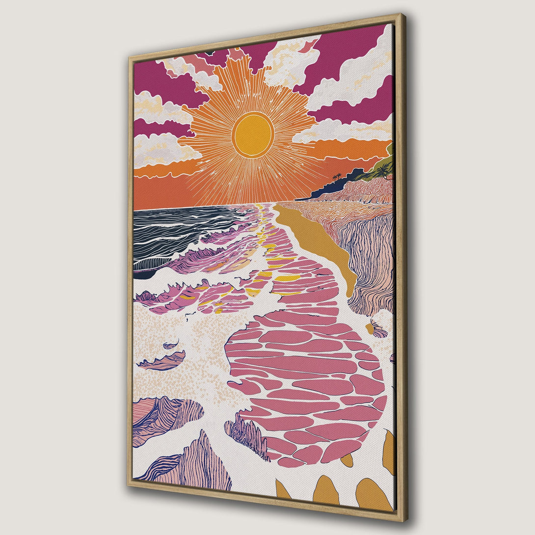 Framed Wall Art Canvas Print of a vibrant beach sunset. Features a retro style with pink, orange, and blue tones. Perfect for adding a pop of color to any room.