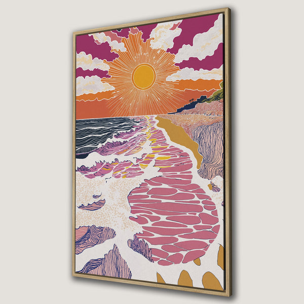 Framed Wall Art Canvas Print of a vibrant beach sunset. Features a retro style with pink, orange, and blue tones. Perfect for adding a pop of color to any room.