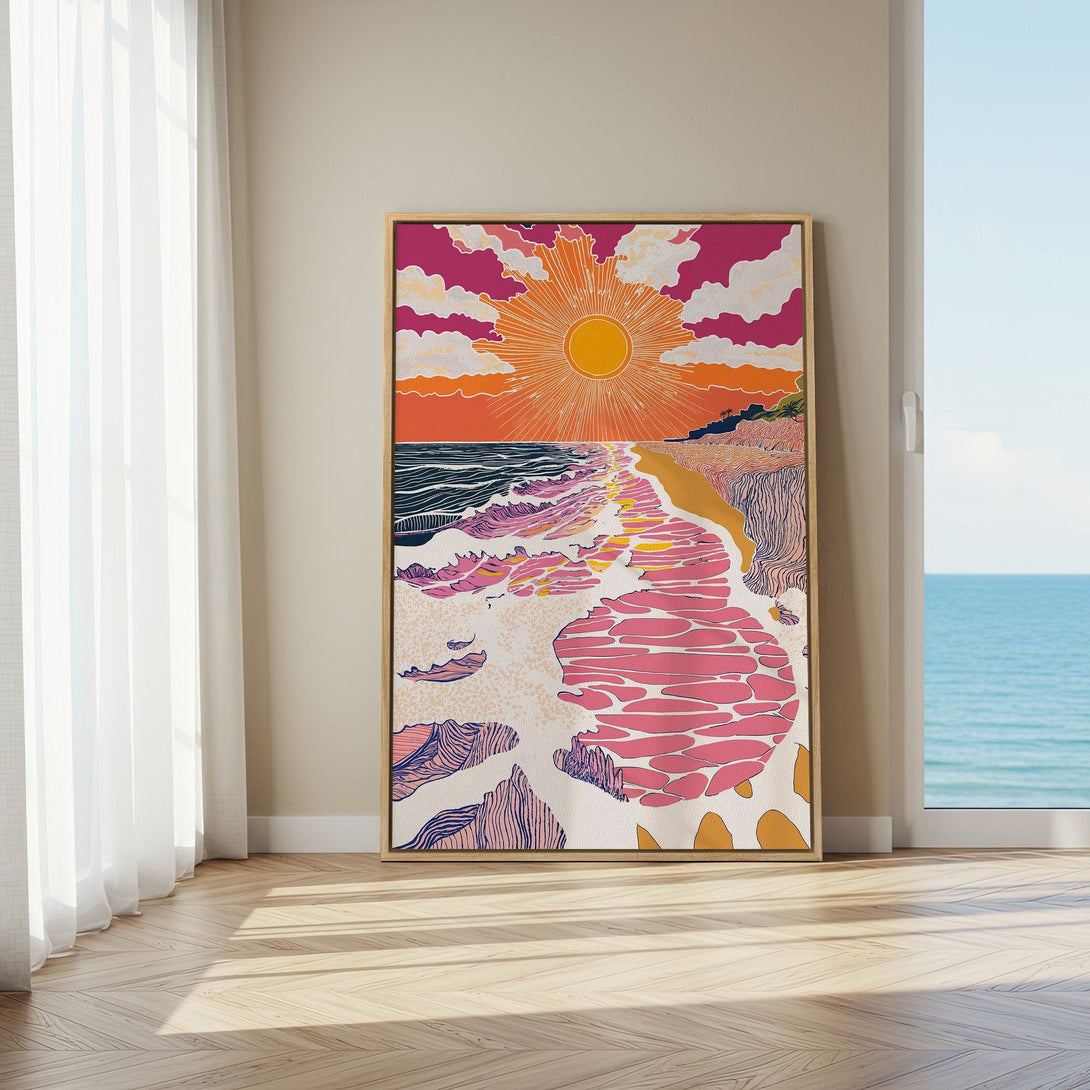 Framed Wall Art: Vibrant beach scene Canvas Print in retro style with pink, orange, and blue hues. Perfect for adding a pop of color to any room!