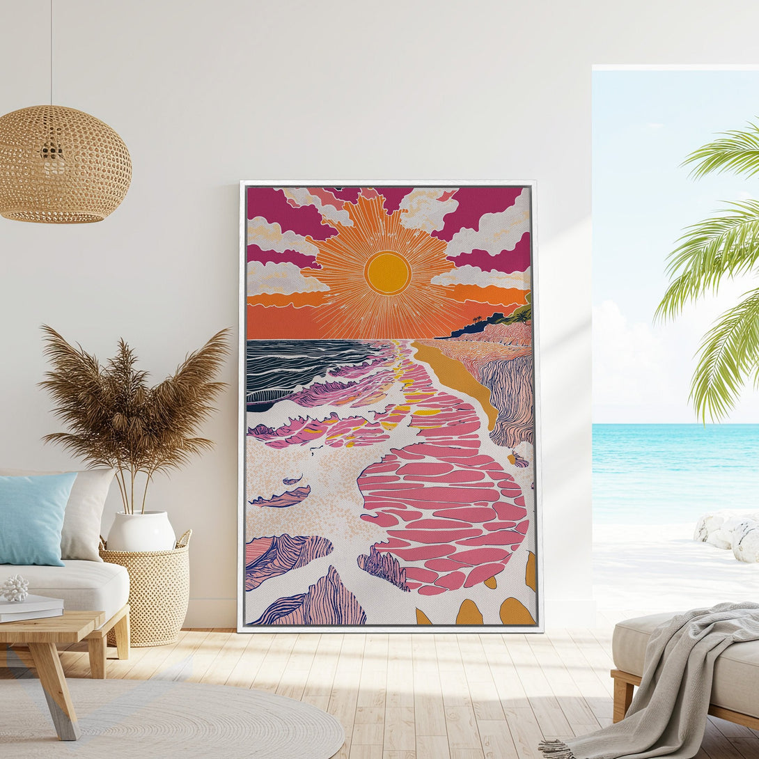 Framed Wall Art: Coastal sunset print in a vibrant, retro style. Features pink, orange, and blue hues, perfect for adding a pop of color to your home decor.