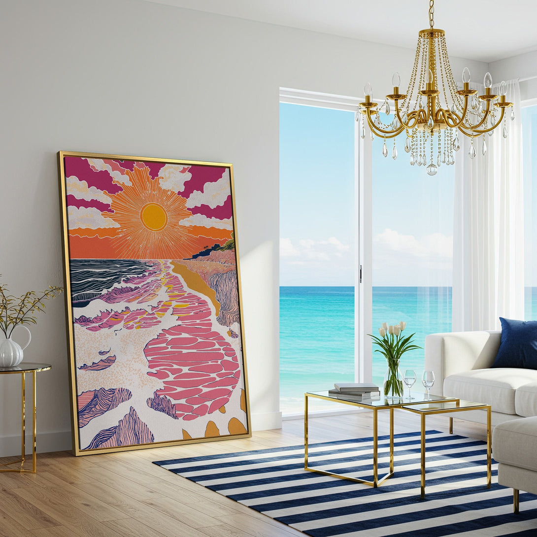 Canvas Print of a vibrant beach scene with a retro style and a warm pink, orange, and blue color palette, perfect for coastal decor.