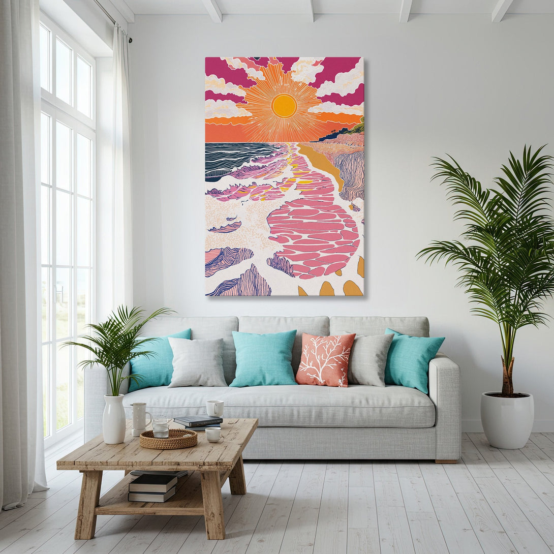 Framed Wall Art: Vibrant beach scene Canvas Print in pink, orange, and blue. Modern art for coastal decor, perfect for living room or bedroom.