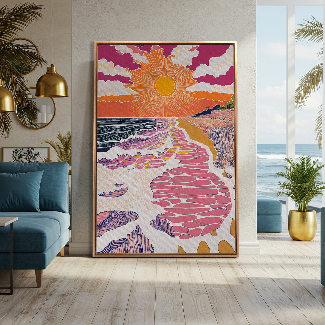 Framed Wall Art: Vibrant beach scene canvas print in a modern, colorful style. Pink, orange, and blue hues create a stunning coastal vibe for your home decor.