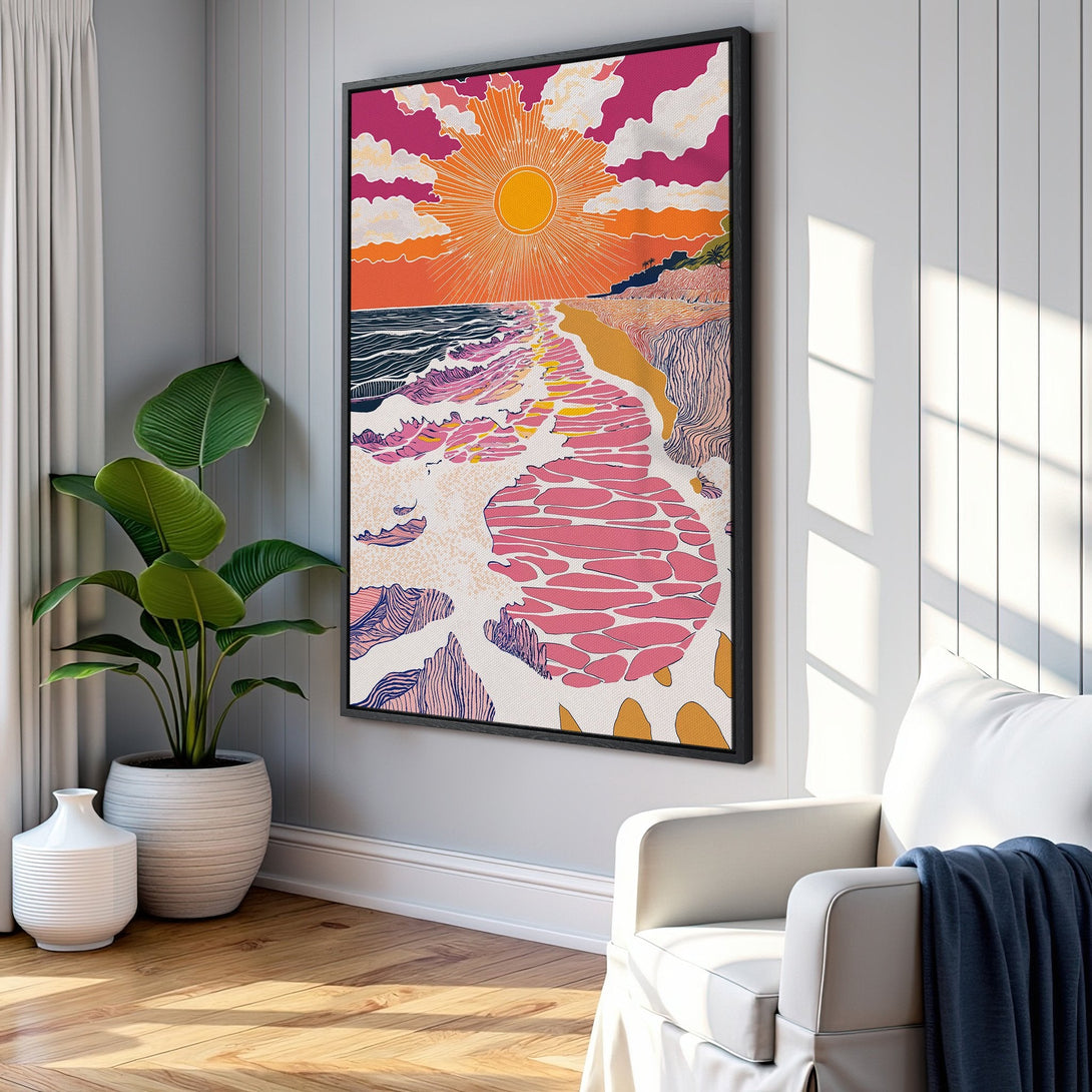 Framed Wall Art featuring a vibrant beach scene with a retro style and a warm pink, orange, and blue color palette. Perfect for adding a pop of color!